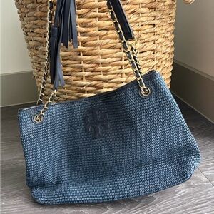 Tory Burch Navy Woven Straw Raffia Chain Shoulder Bag Tote Tassel EUC